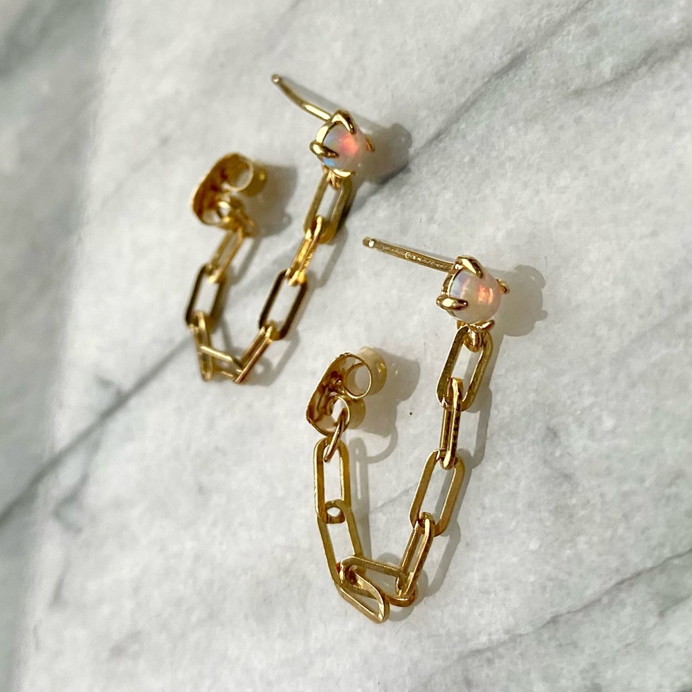 NWT Anthropologie TAI Chain Link Drop Earrings Gold Opal Stone - Picture 3 of 16